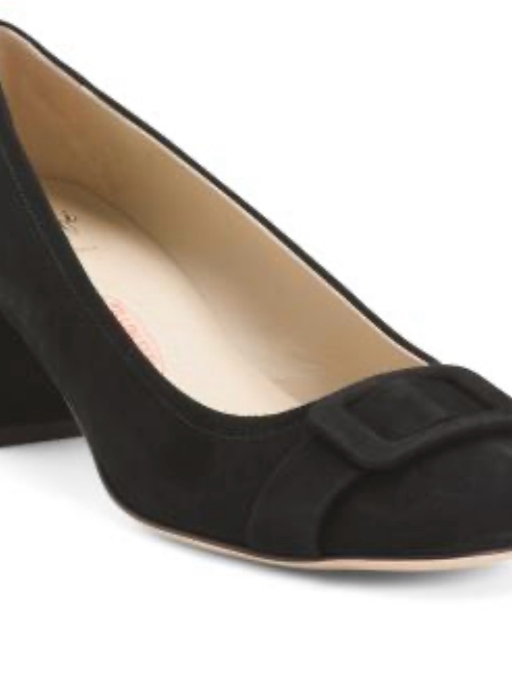 Amalfi Black Suede Block Heel Pump with Buckle Accent